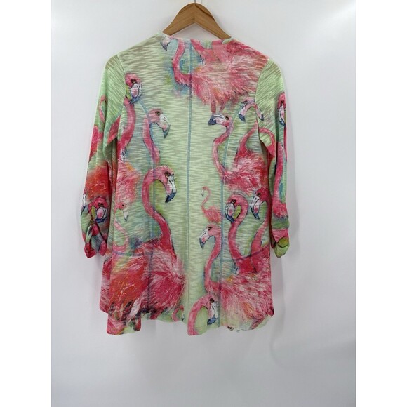 LEOMA LOVEGROVE Wearable Art Flamingos Open Front Cardigan Sweater-SMALL  EUC - Picture 8 of 13